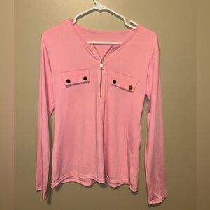 Pink Long Sleeve Top with gold Zipper & Button Detail